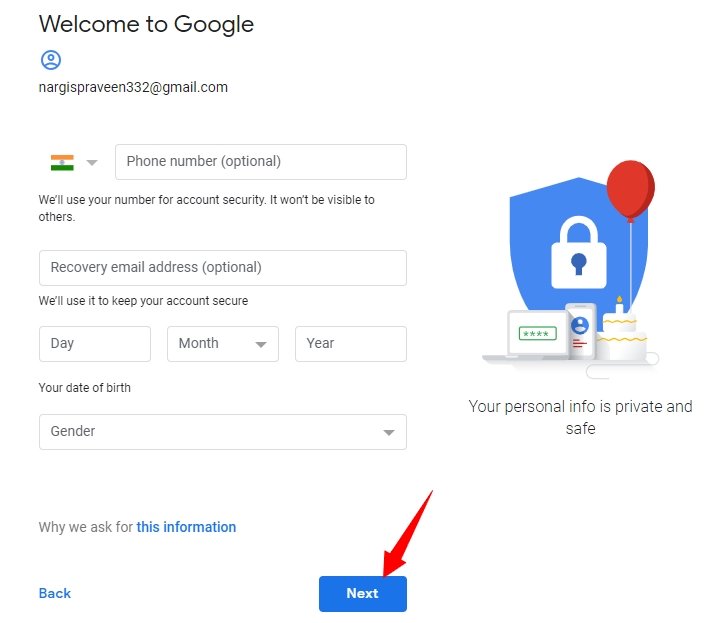 Fill Details for New Gmail Account