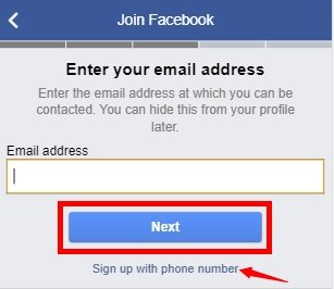 Enter Email id for Facebook account create