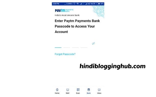 Enter Paytm Payments Bank Passcode